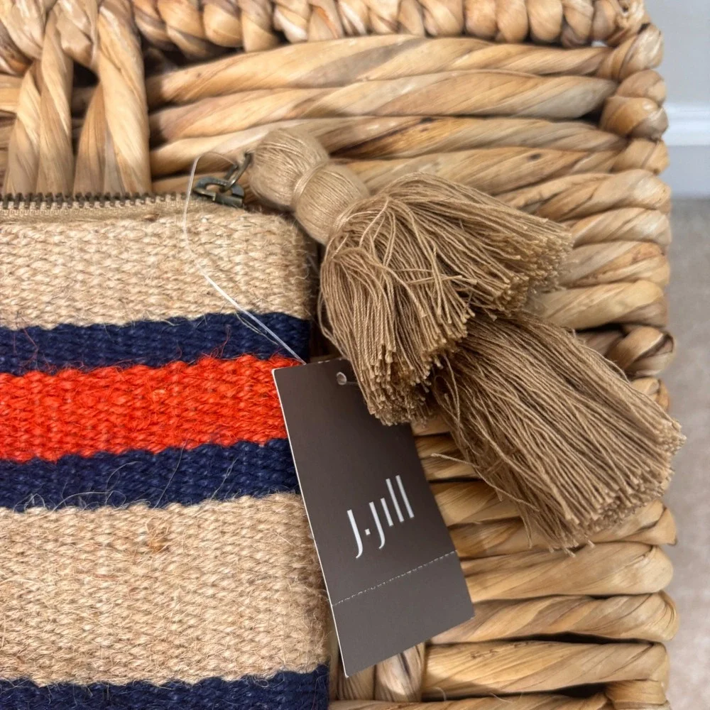 J. Jill Striped Woven Jute‎ Tassel Clutch Bag Blue Orange Tan NWT 168081